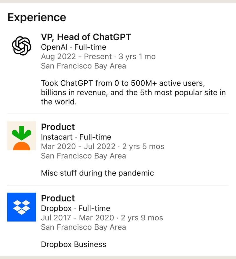 A LinkedIn experience screenshot showing a move to VP, Head of ChatGPT at OpenAI after product roles at Instacart and Dropbox