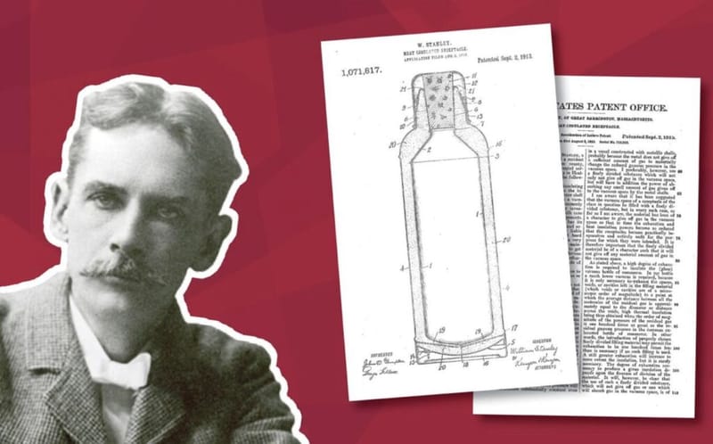 A black-and-white portrait of inventor William Stanley Jr. beside his 1913 vacuum bottle patent drawing